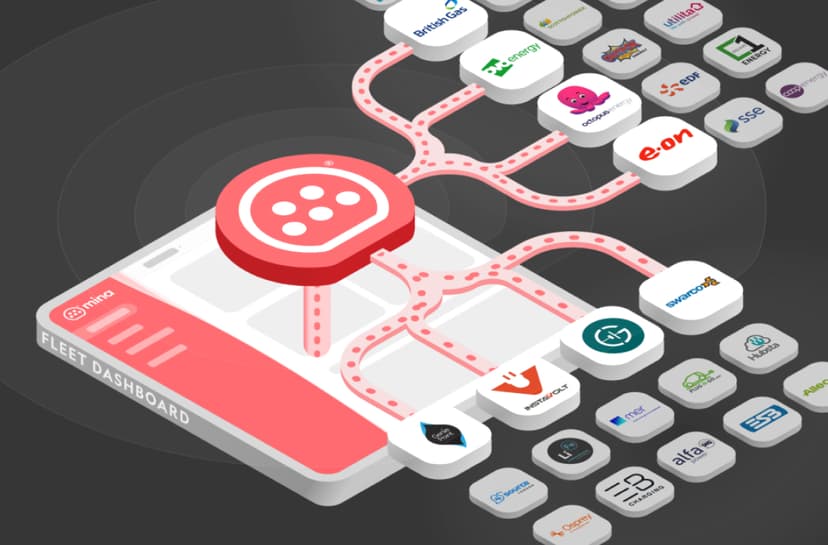 Isometric illustration of the mina logo going to different energy providers